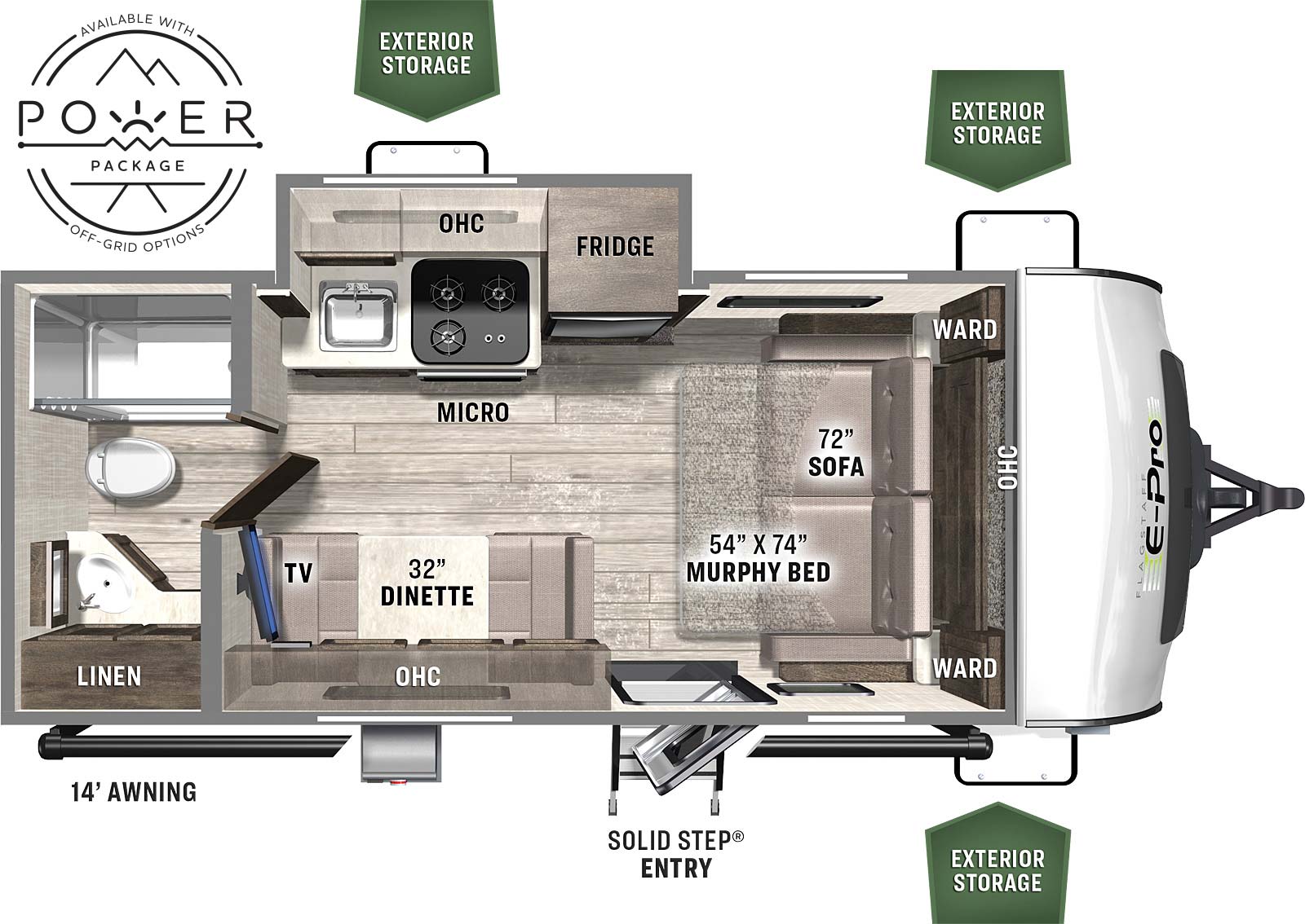 The E19FDS has one slide out on the off door side and one entry door on the camp side with solid entry step. Exterior features include exterior storage,  and a door side 14 foot awning. Interior layout from front to back: 54 x 74 inch murphy bed / 72 inch sofa with overhead cabinet and side wardrobes; off-door side slide out with refrigerator, microwave, cooktop, sink and overhead cabinet; door side 32 inch dinette with TV and overhead cabinet; full bathroom in the rear with shower, sink, toilet and linen cabinet. Available with Power Package Off-Grid Options