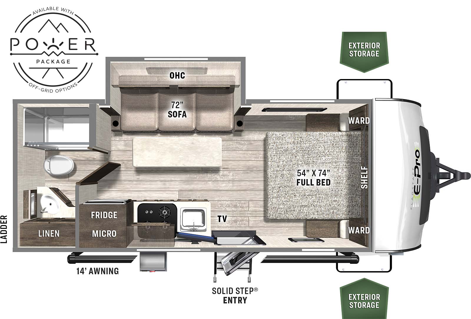 The E20FBS has 1 slide out and 1 entry door. Exterior features include exterior storage, a rear ladder, and a 14 foot awning. Interior layout from front to back: front bedroom with foot facing 54x74 full bed; off-door side slide out containing sofa; door side kitchen countertop with refrigerator, microwave, cooktop stove, overhead cabinet and single basin sink; and a full bathroom in the rear.