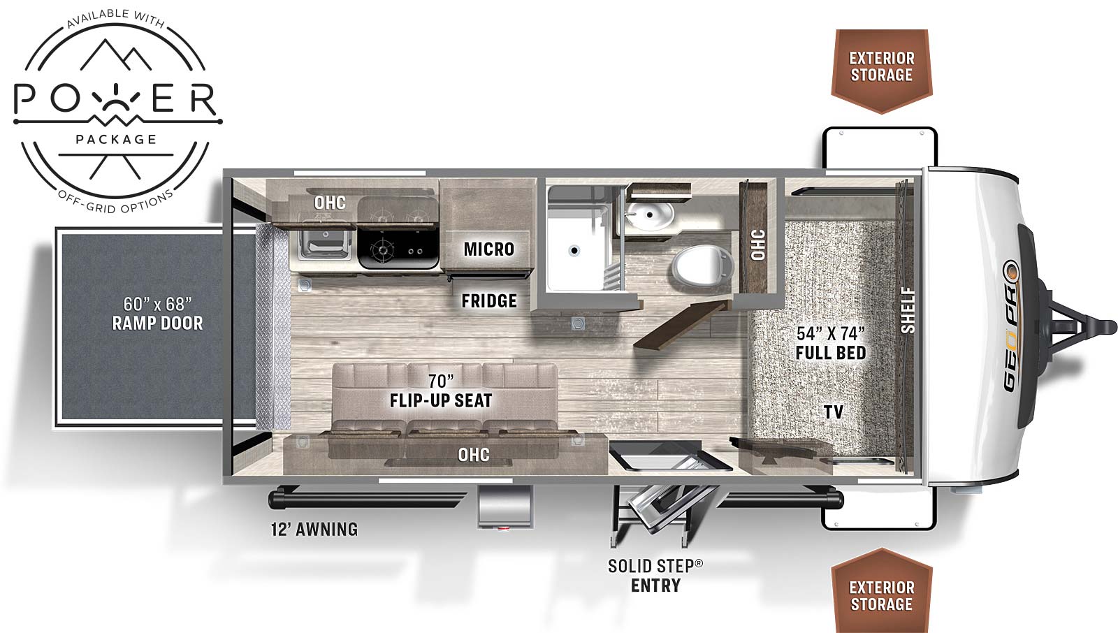 The G19FBTH has no slide outs and one solid step entry door on the door side and a 60 by 68 inch rear ramp door. Exterior features include exterior storage and a 12 foot awning. Interior layout from front to back: 54 by 74 inch side facing full bed with overhead shelf and TV; off-door side aisle full bathroom; door side rear 70 inch flip-up seat with overhead cabinet; off-door side microwave, refrigerator, stove, sink and overhead cabinet. Available with Power Package Off-Grid Options