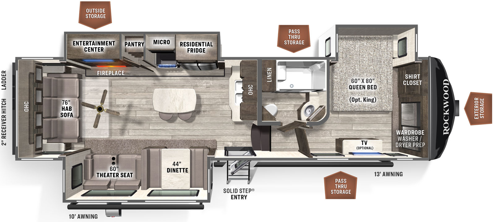 Rockwood Ultra Lite Fifth Wheels 2893BS floorplan. The 2893BS has 3 slide outs and one entry door.