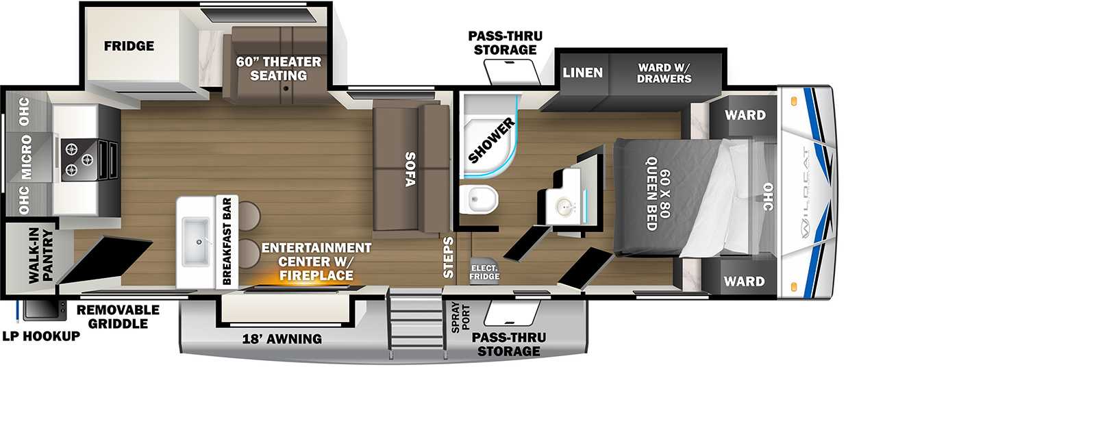 Wildcat Fifth Wheels 271ML floorplan. The 271ML has 2 slide outs and one entry door.