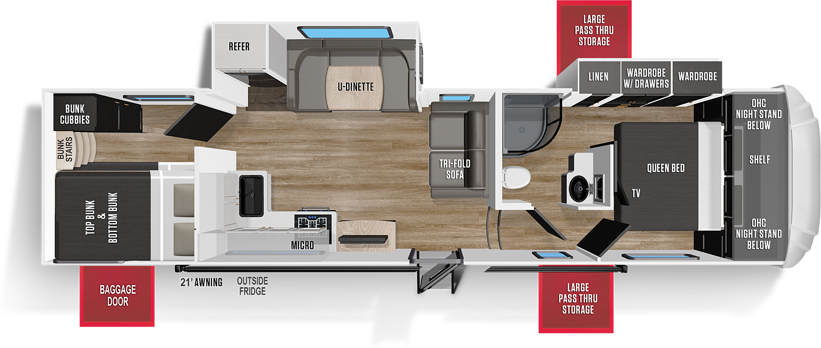 Wildcat Fifth Wheels 297BH floorplan. The 297BH has 2 slide outs and one entry door.