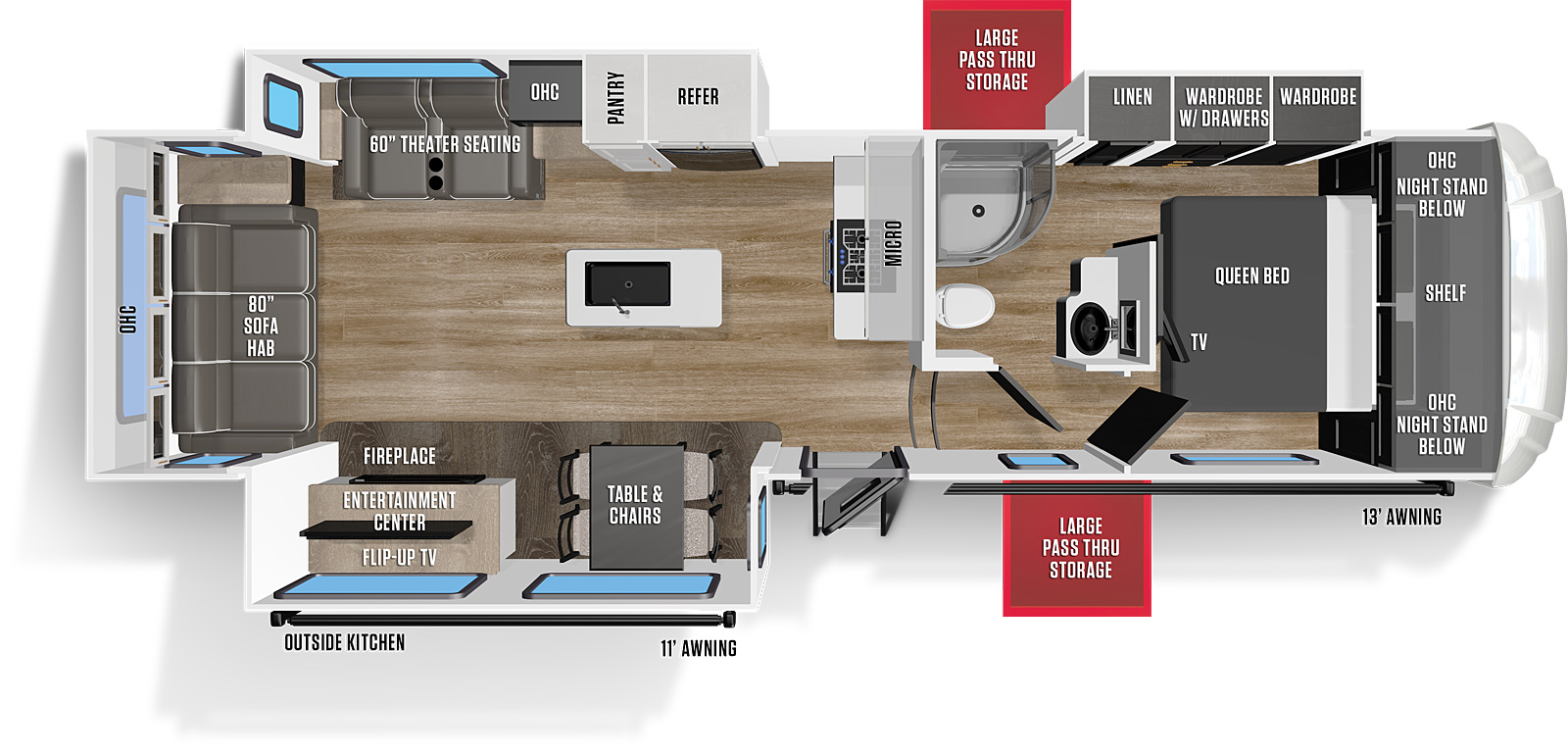 The Wildcat 298RLS floorplan exterior sports a 13 foot and an 11 foot electric power awning. This floorplan has three slide outs. It also features an outside kitchen on the door side. Located toward the center of the RV, the entry door leads to a living area on the left and steps leading to a hallway on the right. In the living area on the off-door slide out, is a 60” theater sofa to the left and an end table with storage above in the center. A pantry and refrigerator are housed to the right of the end table. A kitchen island with a sink and countertop is toward the front center of the living area. The front wall of the living area features a stove with countertop and microwave storage above. Steps on the door side of the living room lead to a hallway with the bathroom to the left and the bedroom straight ahead. In the front of the living area on the door side, is an L-shaped Counter top with a stove and sink. In the door side slide out, directly to the left of the entry door is a table with four freestanding chairs. To the left of the table is an entertainment center with flip-up TV and an electric fireplace below. The rear of the living area features an 80 inch sofa hide-a-bed with overhead cabinets above. The front of the RV features a bathroom with a shower, toilet, sink, linen storage and sliding door to the bedroom. The bedroom houses a front queen bed with nightstands and wardrobes on either side. A slide out on the off-door side wardrobes and linen storage.