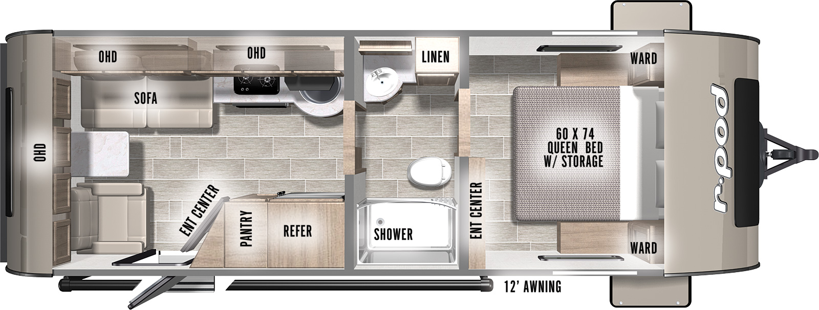 r-pod RP-201 floorplan. The RP-201 has no slide outs and one entry door.