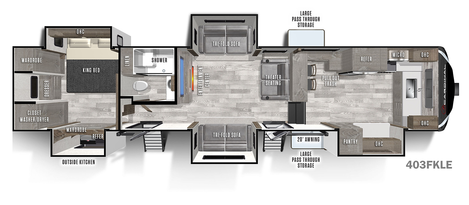 The 403 FKLE has five slide outs, two on the off-door side and three on the door side, along worth two entry doors on the door side. Interior layout from front to back: front kitchen with door side slide out holding a pantry, countertop and overhead cabinet; bar with bar stools in the kitchen; living area with rear facing theater seating across from entertainment center; off-door side slide out with trifold sofa and door side slide out with trifold sofa; side aisle bathroom; rear bedroom with king bed off-door side slide out and door side slide out.