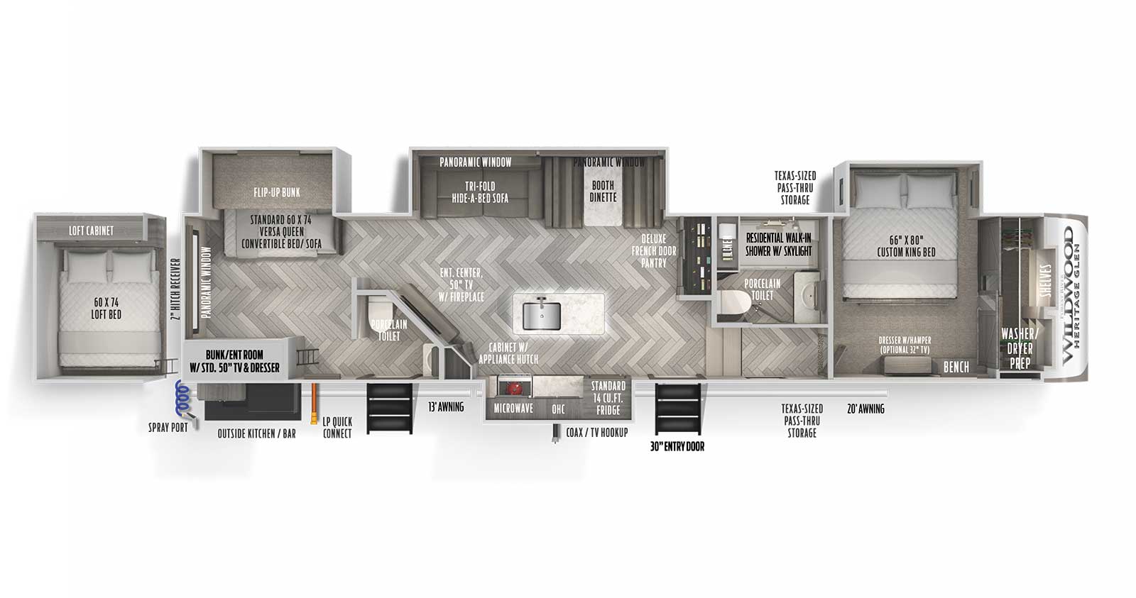 Heritage Glen 353BED floorplan. The 353BED has 4 slide outs and two plus entry doors.