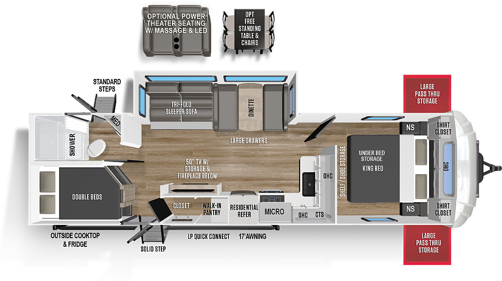 Wildcat Travel Trailers 269DBX floorplan. The 269DBX has one slide out and two plus entry doors.