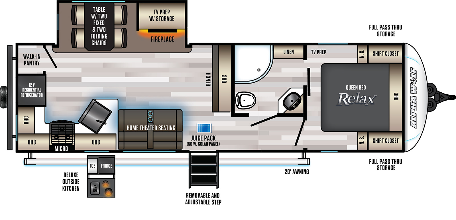 The 26RK-L has one slide out on the road side and one entry door on the camp side. A 20 foot awning covers the entry door and deluxe outside kitchen. There is a pass through storage at the front of the travel trailer. The layout from the front to the back: a front bedroom with foot facing queen bed with pass-through bathroom; bench seating neat the entry; a road side slide out containing dinette table with two fixed and two folding chairs and an entertainment center with TV prep and fireplace below; home theater seating directly across from the entertainment center; rear kitchen countertop with 12V residential refrigerator and walk-in pantry.