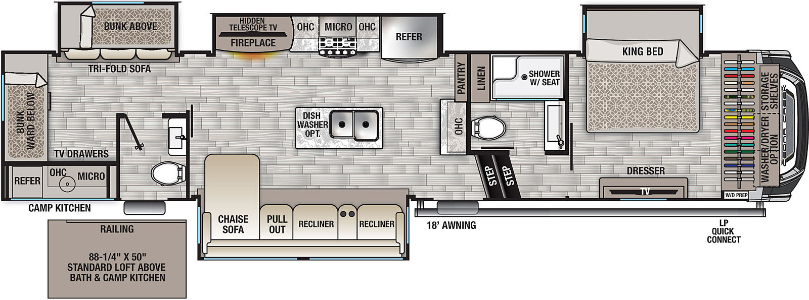 The 375BHO has 4 slide outs, 3 on the off-door side and 1 on the door side and 2 entry doors. Exterior features include a camp kitchen under the bunk on the door side, and 18 foot awning and an LP quick connect. Interior layout from front to back: front bedroom with king bed in a off-door side slide out, dresser and TV across from bed, front wall closet with storage shelves, washer/dyer option and washer/dryer prep; off-door side side aisle bathroom in the upper deck with toilet, shower w/seat, sink and linen storage; kitchen/living area with rear facing pantry and overhead cabinet; off-door side slide out holding hidden telescope TV and fireplace, overhead microwave, stovetop, overhead cabinets and refrigerator; kitchen island with double basin sink and optional dish washer; door side slide out with chaise sofa, pull out and 2 recliners; bunk house in rear with half bathroom that includes an exterior door, toilet and sink; bunk beds along door side and back wall, off-door side slide out holding a tri-fold sofa with fold-up bunk above.