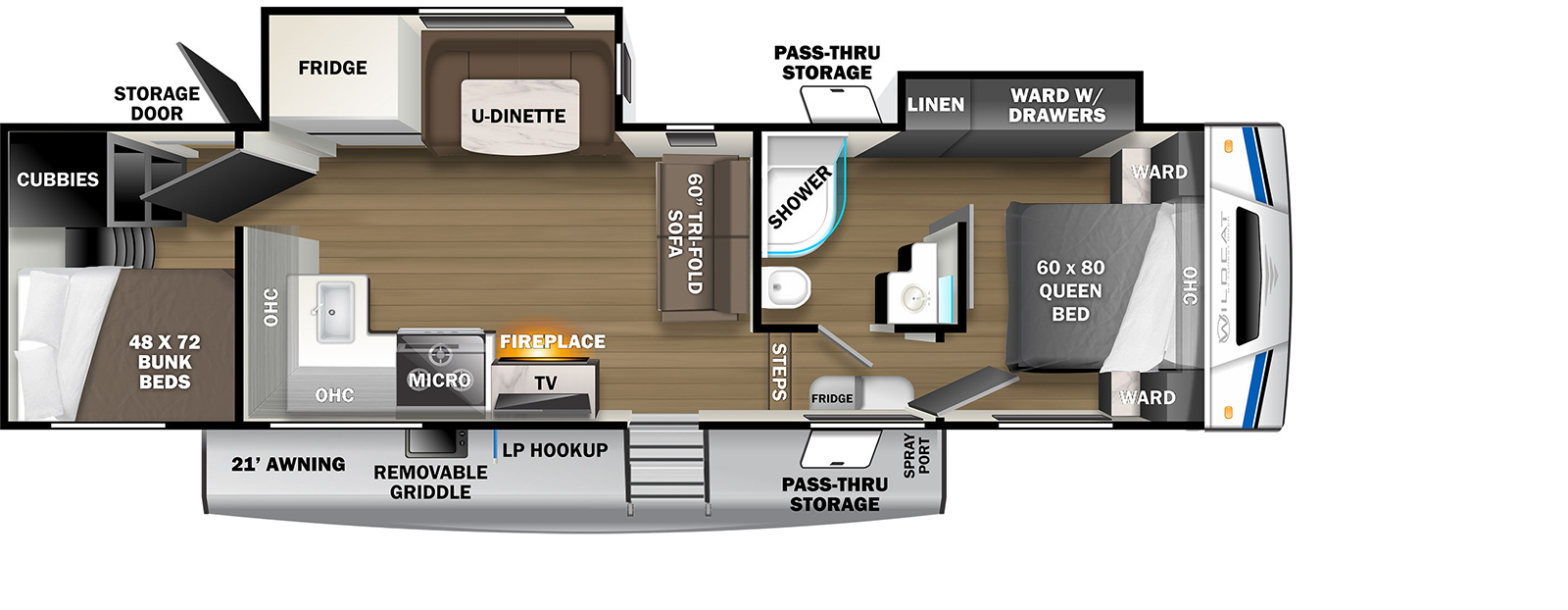 Wildcat Fifth Wheels 302BH floorplan. The 302BH has 2 slide outs and one entry door.