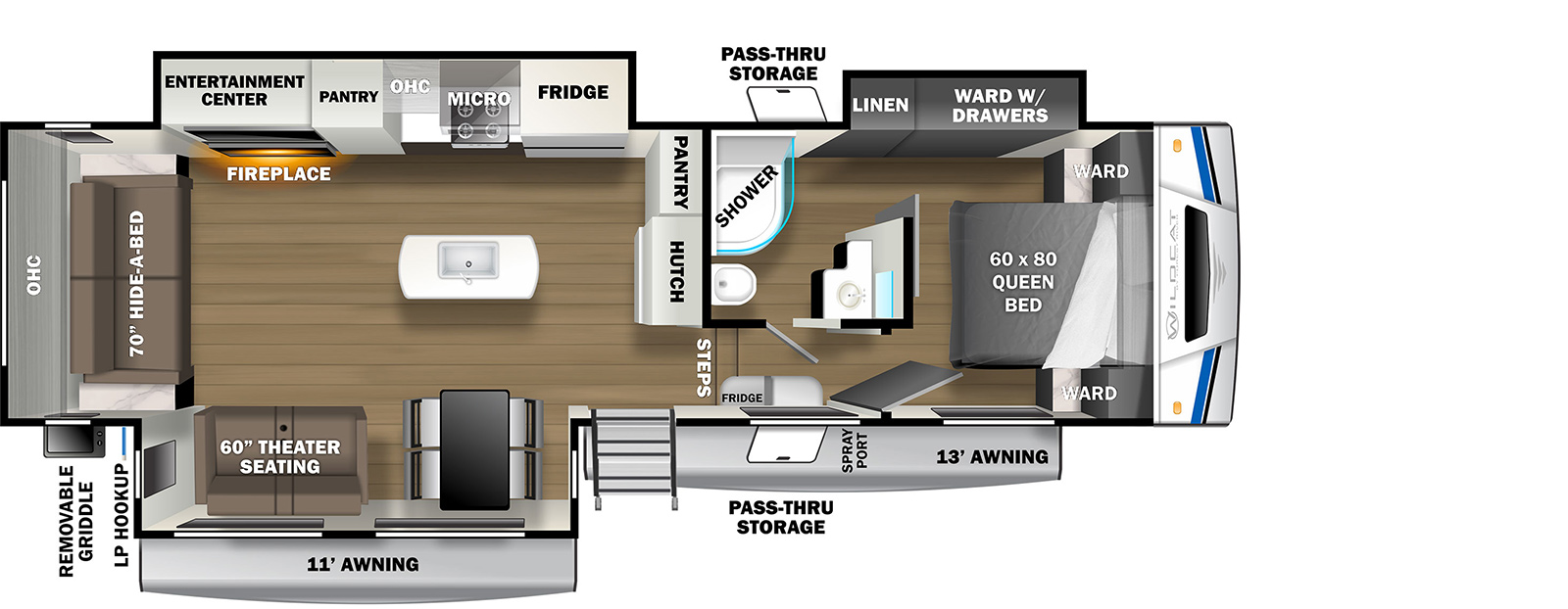 Wildcat Fifth Wheels 311RLWS floorplan. The 311RLWS has 3 slide outs and one entry door.