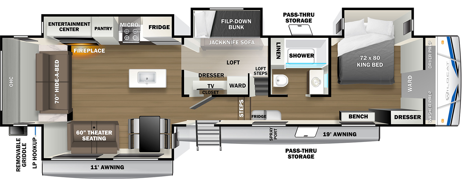 Wildcat Fifth Wheels 369MBL floorplan. The 369MBL has 4 slide outs and one entry door.