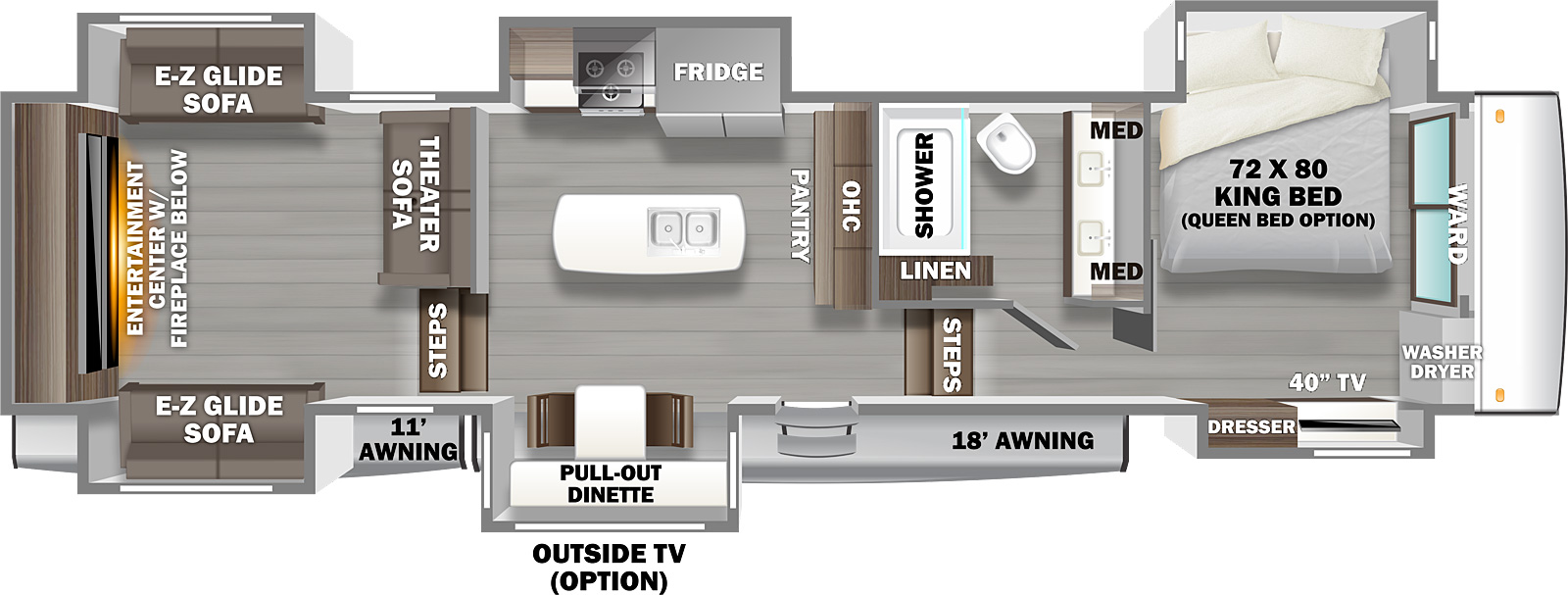 RIVERSTONE 419RD floorplan. The 419RD has 6 slide outs and one entry door.