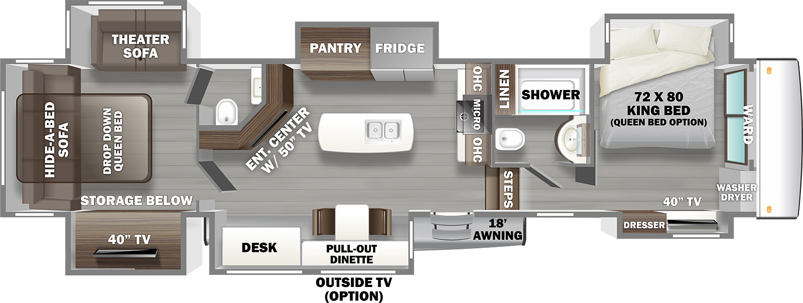 RIVERSTONE 442MC floorplan. The 442MC has 6 slide outs and one entry door.