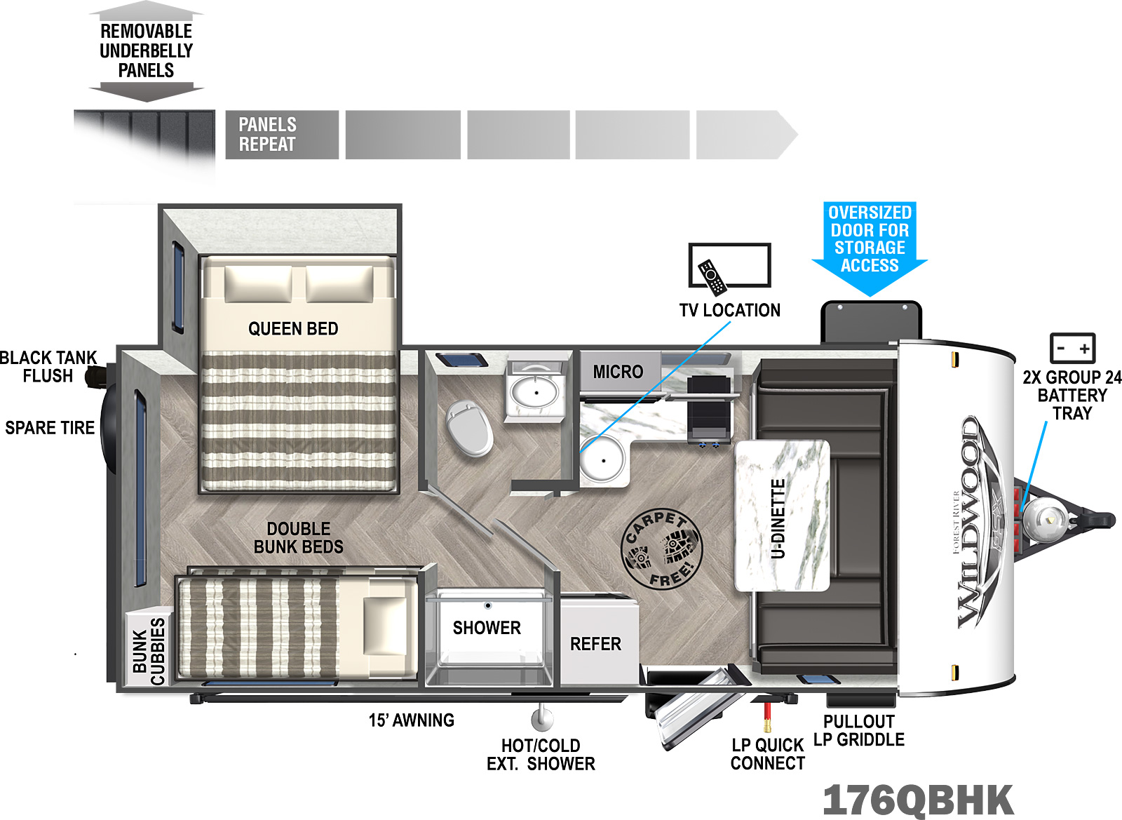Wildwood FSX 176QBHK floorplan. The 176QBHK has one slide out and one entry door.