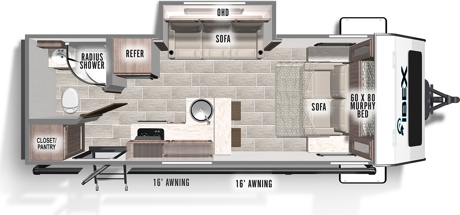 The 19MSB has one slideout and one entry. Exterior features include a 16 foot awning. Interior layout front to back: murphy bed and sofa; off-door side slideout with sofa and overhead cabinets; peninsula kitchen counter with bar stools and sink that wraps around to door side kitchen; off-door side refrigerator; rear door side closet/pantry and entry; rear off-door side full bathroom with radius shower.