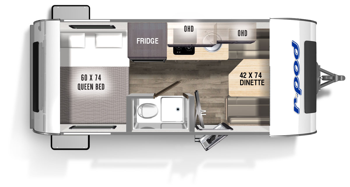 The RP171 has one entry door, rear pass-through storage, and the option for an R-Dome on the outside. Inside, a 42" x 74" dinette is located in the front of the unit. The kitchen area is located along the right-hand wall and includes a central vacuum, single-basin stainless steel sink, cooktop, convection microwave, refrigerator, and overhead cabinets. On the left wall, there is a TV mounted next to the entry door with an adjustable arm to set the angle of the screen. There is also a bathroom with showeer and commode. A 60" x 74" queen bed is located along the rear wall. 