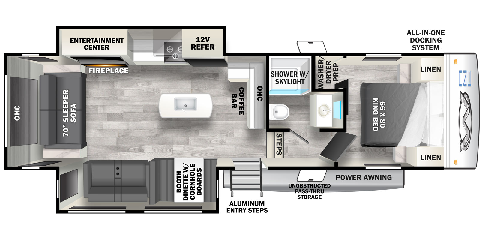 Wildcat One 29RL floorplan. The 29RL has  slide outs and one entry door.