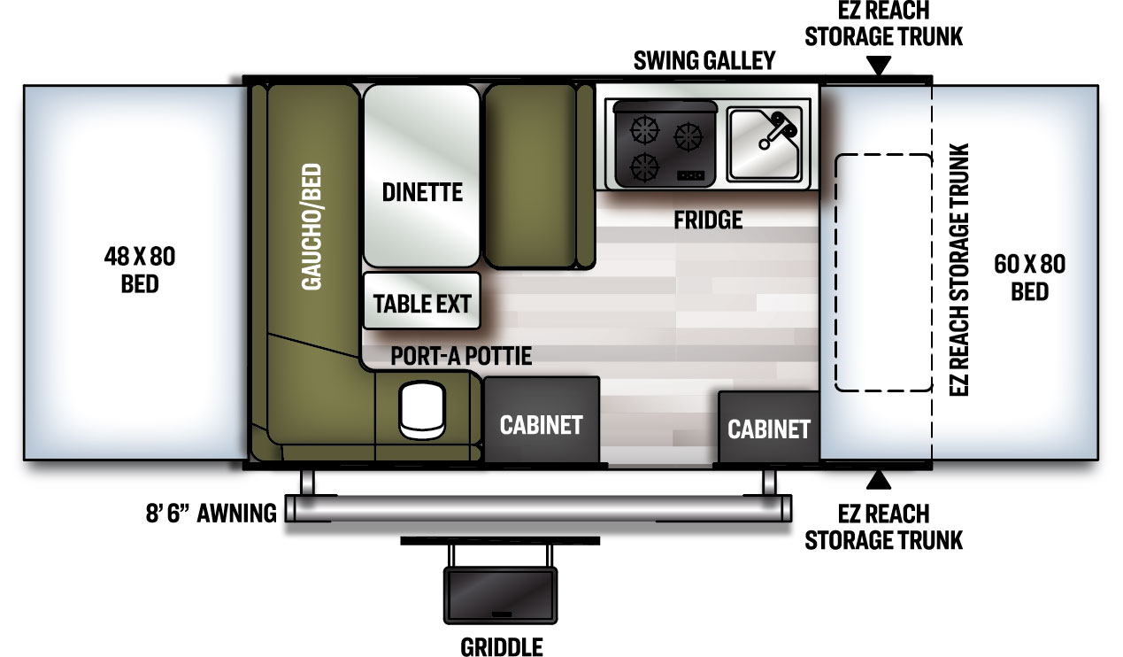 The 206STSE has no slide outs and one entry door. Exterior features include a 9 foot awning, and a griddle. Interior layout from front to back: tent bed; EZ reach storage trunk; kitchen living area with sink, door top stove, two cabinets, dinette, and a gaucho/bed; a port-a-pottie; rear tent bed.
