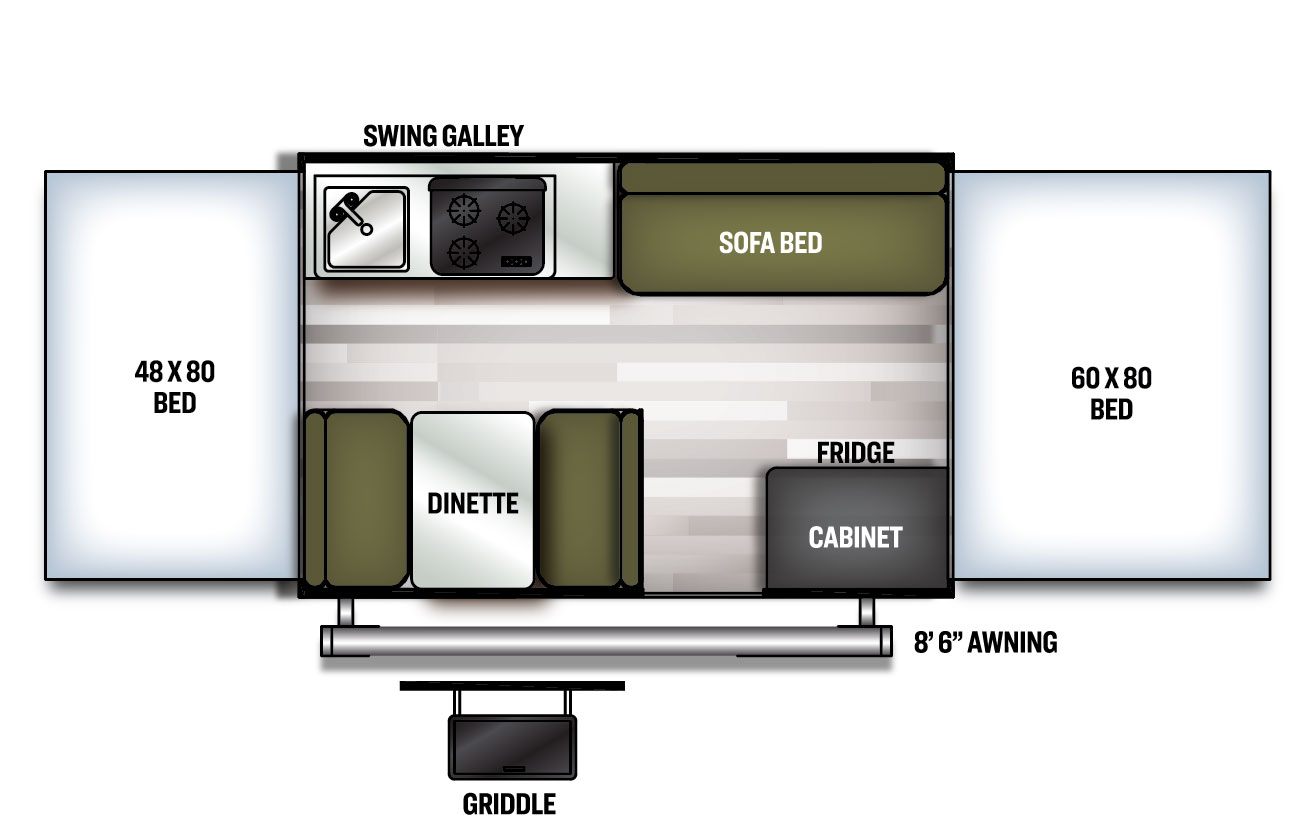 The 207SE has no slide outs and one entry door. Exterior features include a 9 foot awning, and a griddle. Interior layout from front to back: tent bed; kitchen living area with sofa bed, cabinet, fridge, door top stove, sink, and dinette; rear tent bed.