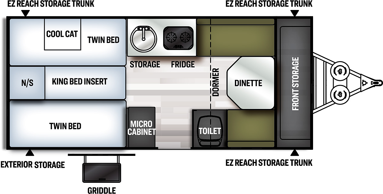 The T21TBHW has no slide outs and one entry door. Exterior features include a griddle on the door side, EZ reach storage trunks, and exterior storage. Interior layout from front to back: front storage area; dormer containing a dinette; a toilet; a kitchen area with a refrigerator, sink, storage, and a micro cabinet; a twin bed with a cool cat under bunk air conditioner, a king bed insert, and another twin bed in the rear.