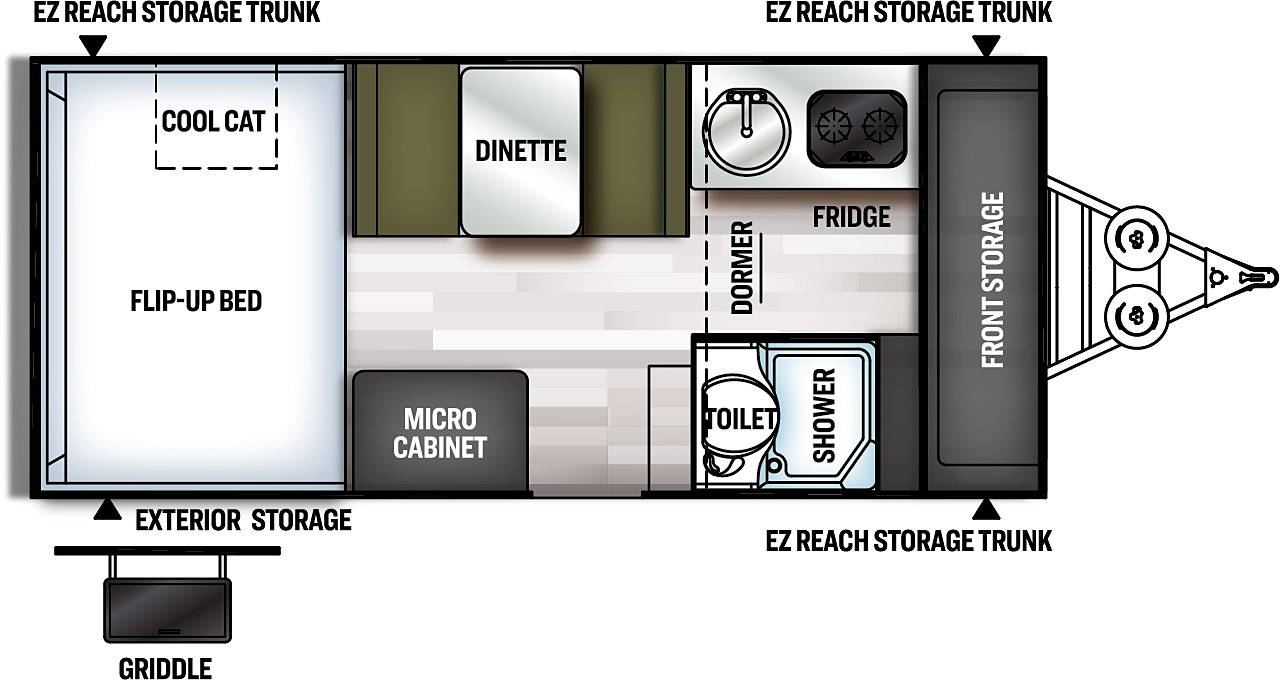 The T21DMHW has no slide outs and one entry door on the camp side. Exterior features include a griddle on the camp side, EZ reach storage trunks, and exterior storage. Interior layout from front to back: front storage area; dormer containing a dinette, kitchen area with a refrigerator and a sink, and a bathroom; a flip-up bed with a cool cat under bunk air conditioner in the rear. 
