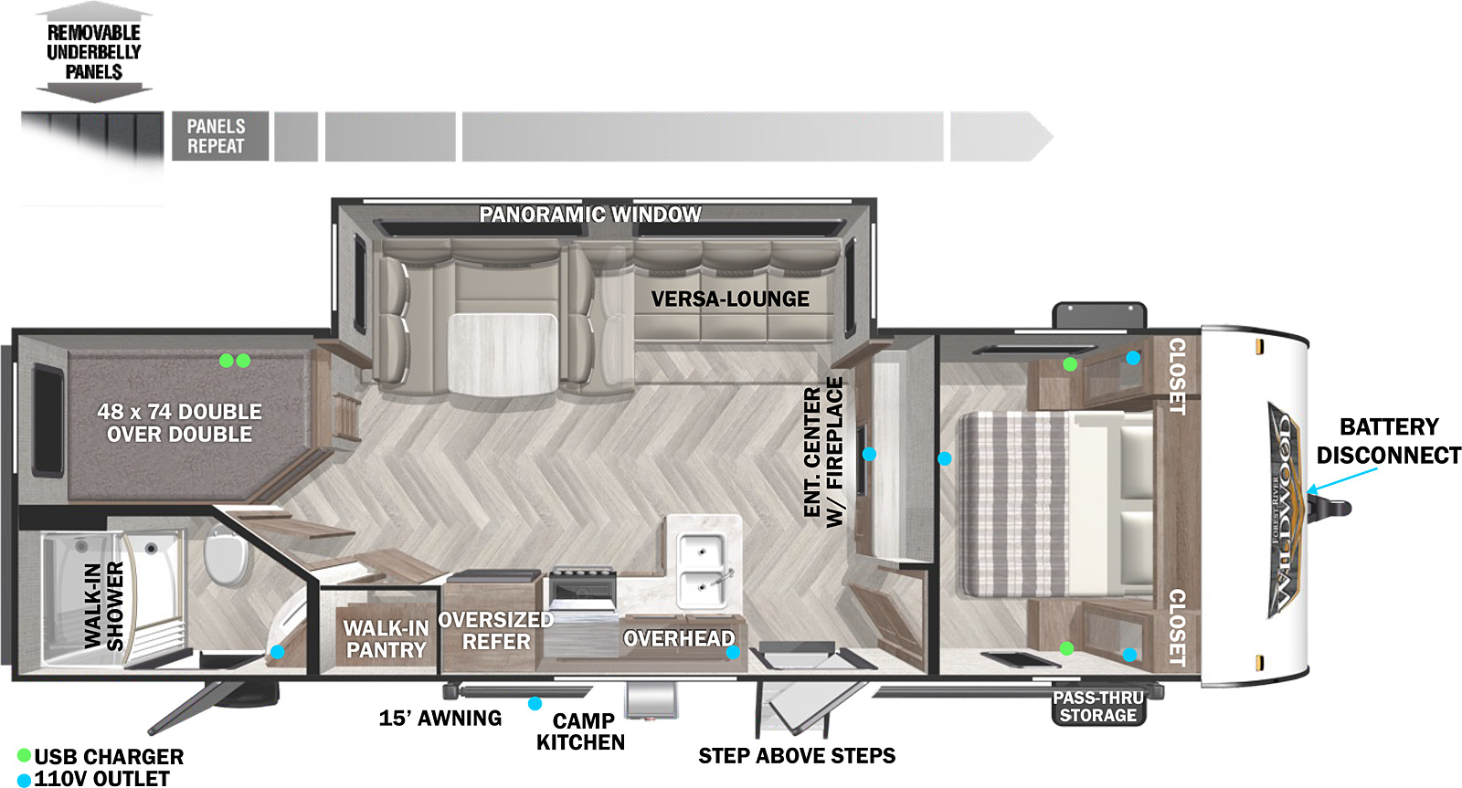 The 263BHXL is a bunk house travel trailer. This floorplan has 48 x 74 double over double bunks in the back. Next to the bunks is the bathroom that features a walk-in shower, sink, toilet, and second entry access. The main access is towards the middle front of the unit and allows one to enter right next to the door of the bedroom. The bedroom is in the front of the floorplan and has closets besides the bed with CPAP storage. There is more storage below the bed. In the main section of the floorplan there is a super-slide that includes the dinette and Versa-Lounge. The Versa-Lounge offers the option of an 8 foot chaise lounge or normal sofa and U-dinette set-up. The entertainment center is next to the the slide-out. The entertainment center includes an electric fireplace, a soundbar, and prep for a TV mount. The kitchen is on the camp side of the floorplan. The kitchen includes a walk-in pantry, refrigerator, large kitchen window, over, microwave, sink, and tons of storage.