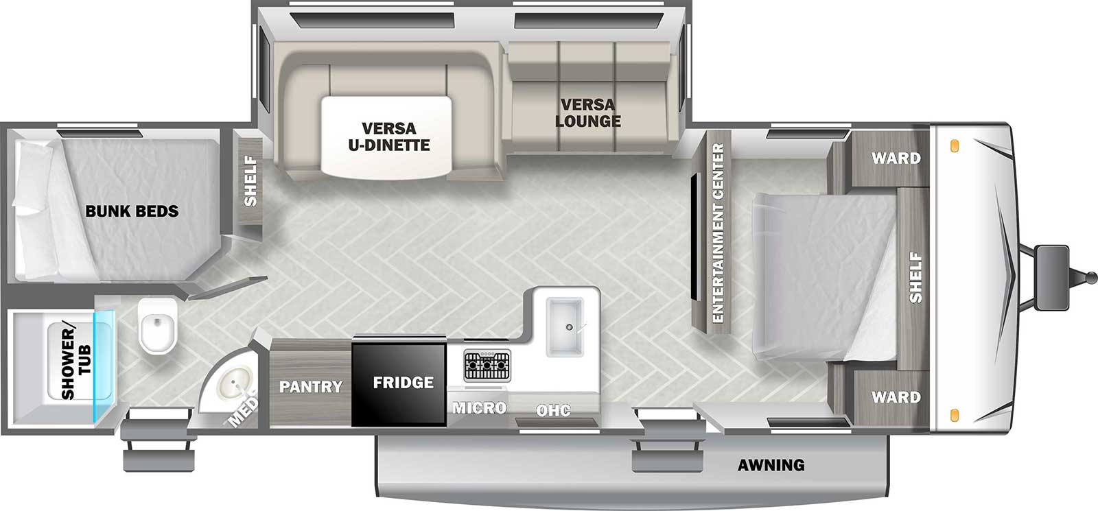 Cruise Lite West T263BHXL floorplan. The T263BHXL has one slide out and two plus entry doors.