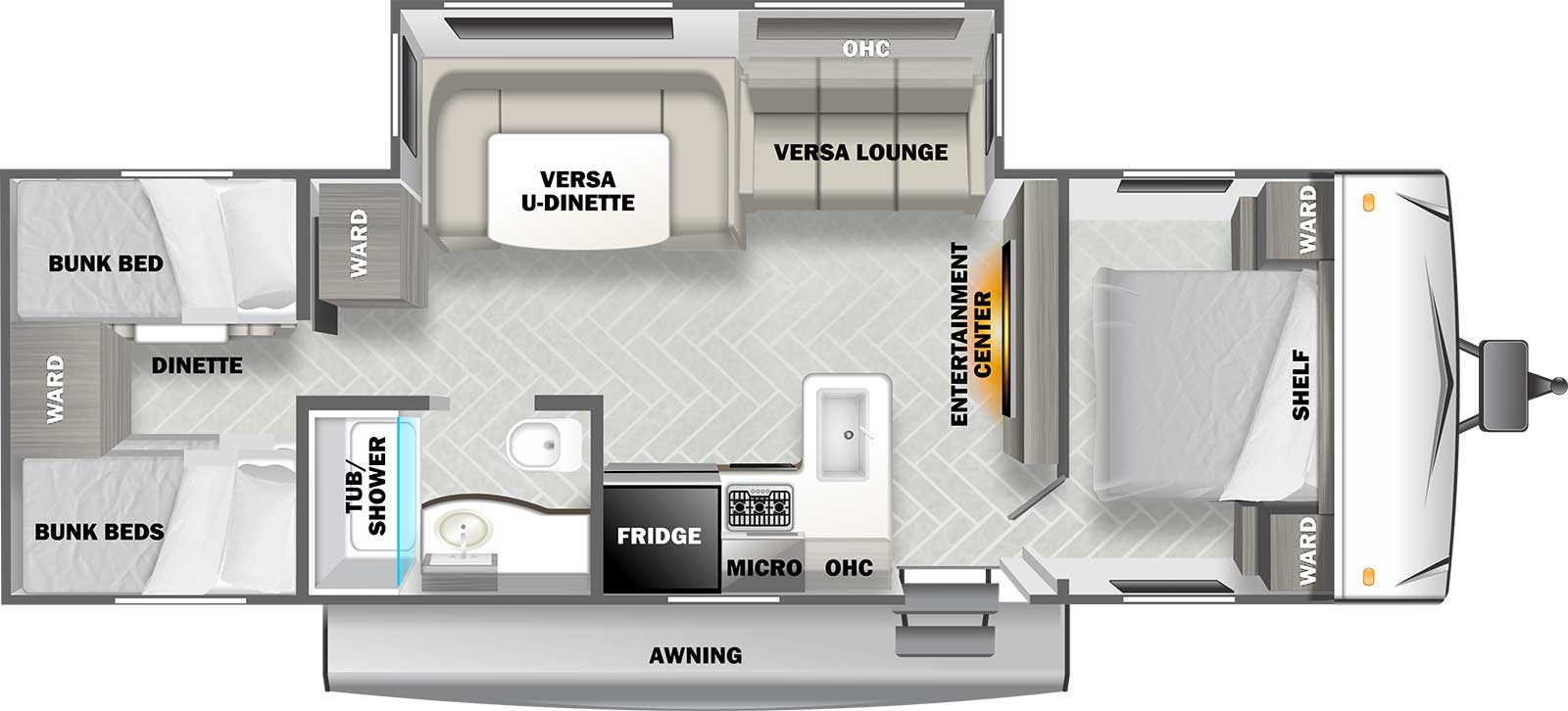 Wildwood West T30QBSS floorplan. The T30QBSS has one slide out and one entry door.