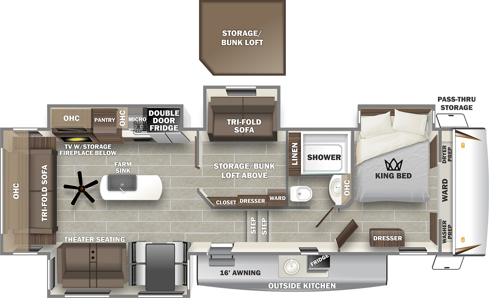 Sabre 36BHQ floorplan. The 36BHQ has 4 slide outs and one entry door.
