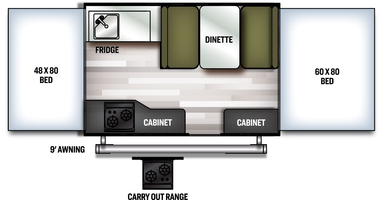 The 206LTD has no slide outs and one entry door. Exterior features include a 9 foot awning and a carry out range; Interior layout from front to back: tent bed; kitchen area with dinette, sink, refrigerator, two cabinets, and a door top stove; rear tent bed.