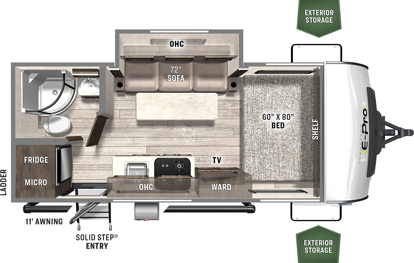 The E19FBS has one slide out on the off-door side and 1 entry door. Exterior features include exterior storage, a rear ladder, and a door side 11 foot awning. Interior layout from front to back: front bedroom with side facing 60x80 bed; kitchen dining living area with off-door side slide out containing a sofa; door side kitchen countertop; refrigerator and microwave in the door side rear corner; and a full bathroom in the off-door side rear corner.