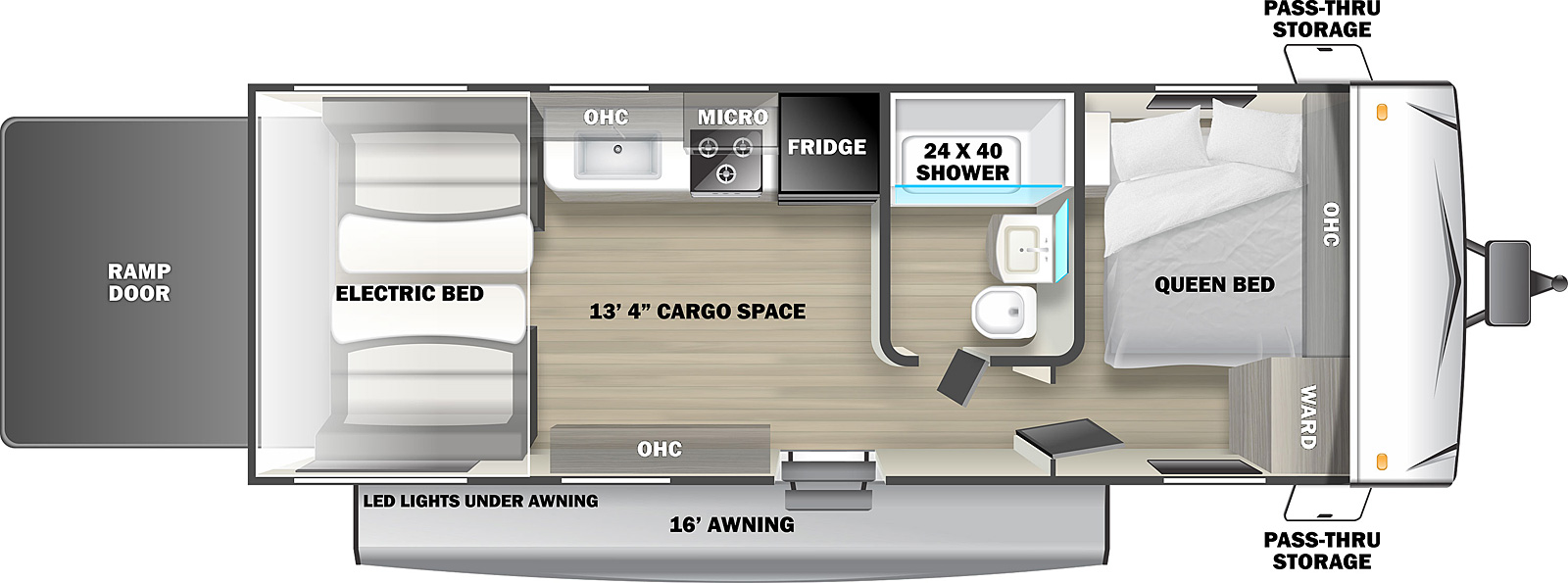 The Sandstorm 211SLC Toy Hauler has one entry door, a rear ramp door, and an electric awning. Pass through storage is near the front of the RV. The RV has 13 foot 4 inch cargo space. The entry door leads to a living area on the left and a hallway on the right. To the left of the overhead storage are two chairs with a table between them. A ramp door makes up the rear wall of the RV. Opposite the chairs is a flip sofa with a table. A kitchen area is to the right of the sofa. The kitchen has a countertop with a sink and a stove. Overhead storage is above the sink and a microwave is above the stove. A refrigerator is to the right of the stove. A hallway is to the right of the entry door. The hallway has a door on the left leading to the bathroom. The bathroom has a tub shower, a sink, and a toilet. Straight ahead in the hallway is a door leading to the bedroom. The night stand is in the rear off door corner of the bedroom. A queen bed is in the front off door corner. Overhead storage is above the bed. A wardrobe is in the front door side corner of the living room.