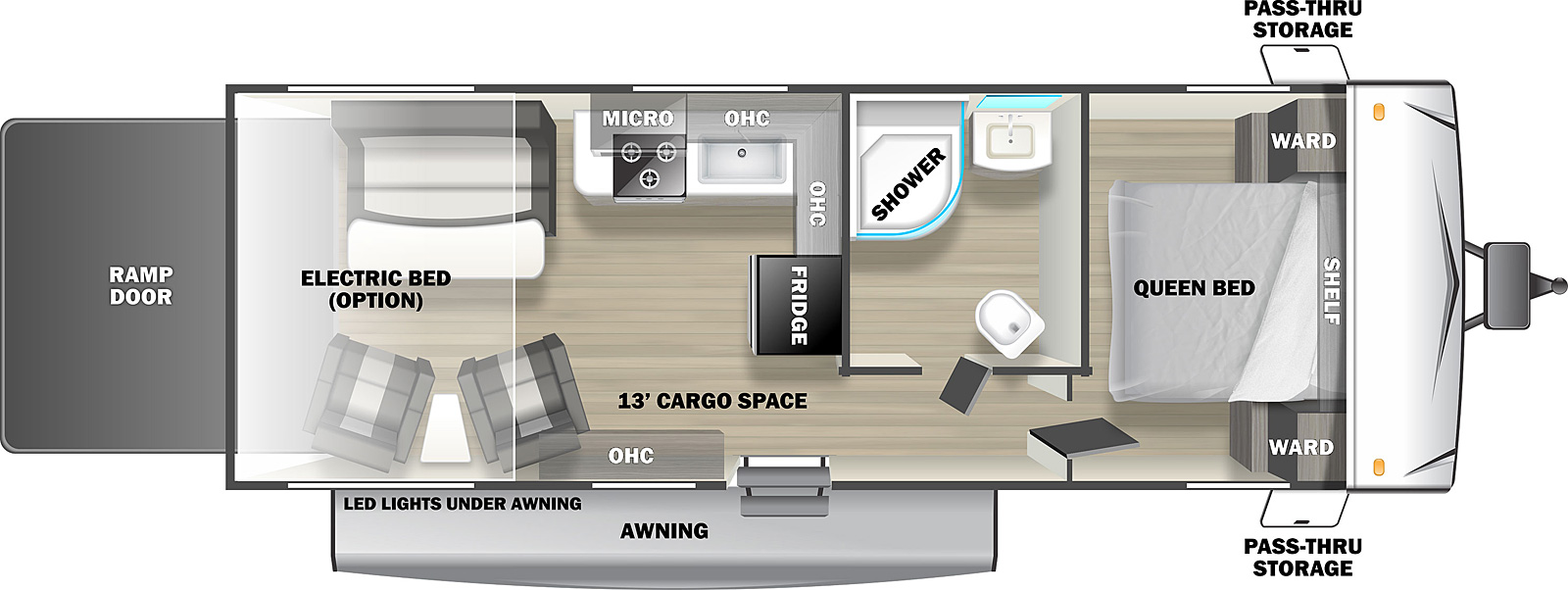 The Sandstorm 241 Toy Hauler has one entry door, a rear ramp door, and an electric awning. It has thirteen feet of cargo space. Pass through storage is near the front of the RV. The entry door opens into a living area on the left and a hallway on the right. Overhead storage is directly to the left of the entry door. To the left of the overhead storage are two chairs with a table between them. A ramp door makes up the rear wall of the RV. Opposite the chairs is a flip sofa with a table. A kitchen area is in the front off door corner of the living area. The kitchen area has an L shaped counter top against the off door and front walls of the living area. In he off door section of the countertop are a stove and a sink. A microwave is above the stove and overhead storage is above the sink. Overhead storage is above the countertop against the front wall. A refrigerator is in the front center of the living area. A hallway is to the right of the entry door. A door on the left of the hallway leads to a bathroom. The bathroom has a shower, a sink, and a toilet. 