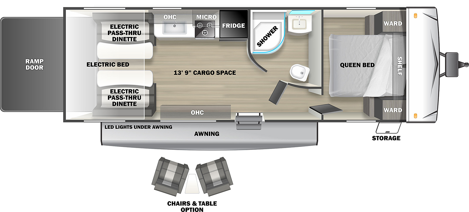 The 242SLC Toy Hauler has one entry door, a rear ramp door, and an electric awning. Storage access is available in he front door side exterior. The RV has a 13 foot 9 inch cargo space. The RV has a 13 foot 9 inch cargo area. The entry door leads to a living area on the left and a hallway on the right. Directly to the left of the entry door are overhead storage cabinets. A dinette and table are in the rear door side of the RV. A ramp door makes up the rear wall of the RV. A dinette and table are in the rear off door corner of the RV. A kitchen area is to the right of the off door side dinette. The kitchen has a countertop with a sink and a stove. Overhead storage is above the sink and a microwave is above the stove. A refrigerator is to the right of the stove. A hallway is to the right of the entry door. A door on the left leads to the bathroom. The bathroom has a shower, sink, and toilet. A door straight ahead in the hallway leads to the bedroom in the front of the RV. The bedroom has a queen bed with a shelf above it. Night stands and wardrobes are on the right and left of the queen bed.