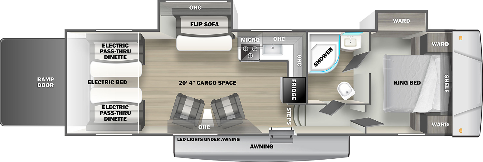 The Shockwave 33FWGDX is a toy hauler fifth wheel with one entry door, a rear ramp door, two slides on the off-door side, and 18' awning on the exterior. Inside, a walkaround king bed is located in the front of the unit, with wardrobe cabinets on either side, cabinets above the head of the bed, and a wardrobe vanity in a slideout on the off-door bedroom wall. There are two doors in the bedroom, one leading into the bathroom and one opening to a short hallway with steps leading into the main living area. The bathroom contains a sink, medicine cabinet, commode, and radius glass shower. The kitchen area is located on the opposite side of the bathroom wall, which faces the rear of the unit. There is an L-shaped countertop, refrigerator, sink, stovetop and oven, with cabinets and a microwave oven mounted overhead. Next to the kitchen area on the off-door wall is a slideout containing a flip sofa with half dinette table. Across from the slideout on the door side are additional overhead cabinets and a pair of upholstered chairs with small table between them. In the rear of the unit are two flip sofa benches, one on either side, with a split dinette table between them. These convert to a standard electric bed. This trailer provides 20' 4" of interior cargo space.