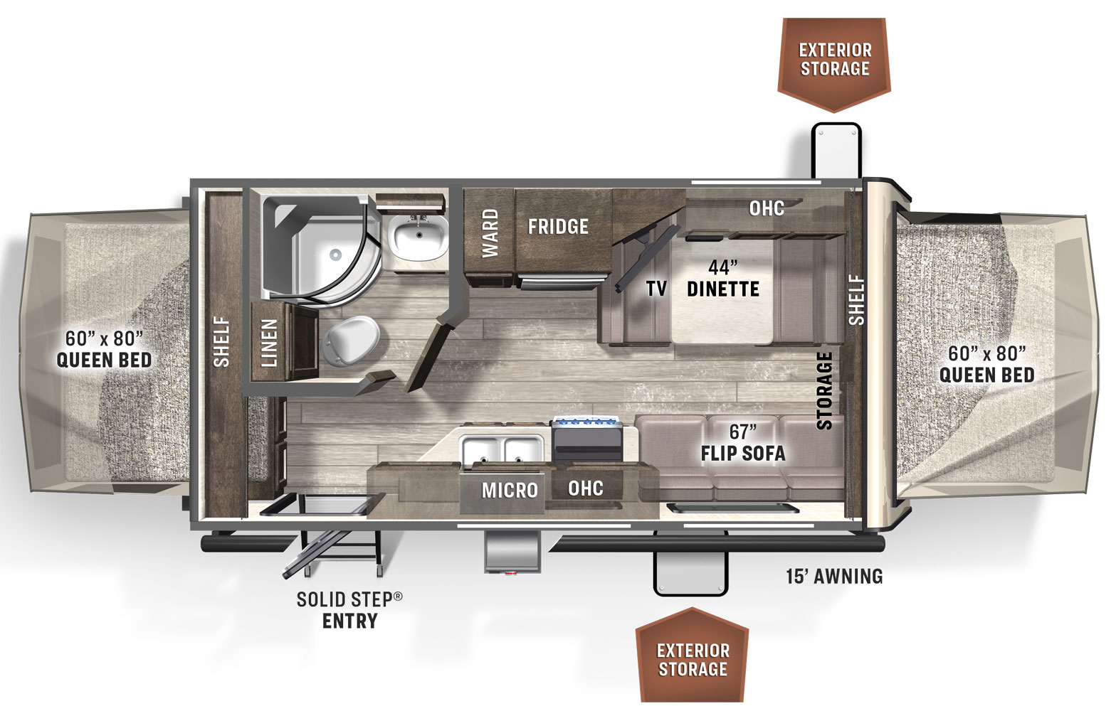 The 19 has no slide outs and one entry door. Exterior features include a 15 foot awning and exterior storage. Interior layout from front to back: queen tent bed; kitchen living area with dinette, flip sofa, community refrigerator, ward, overhead cabinets, and microwave; side aisle bathroom; rear queen tent bed.