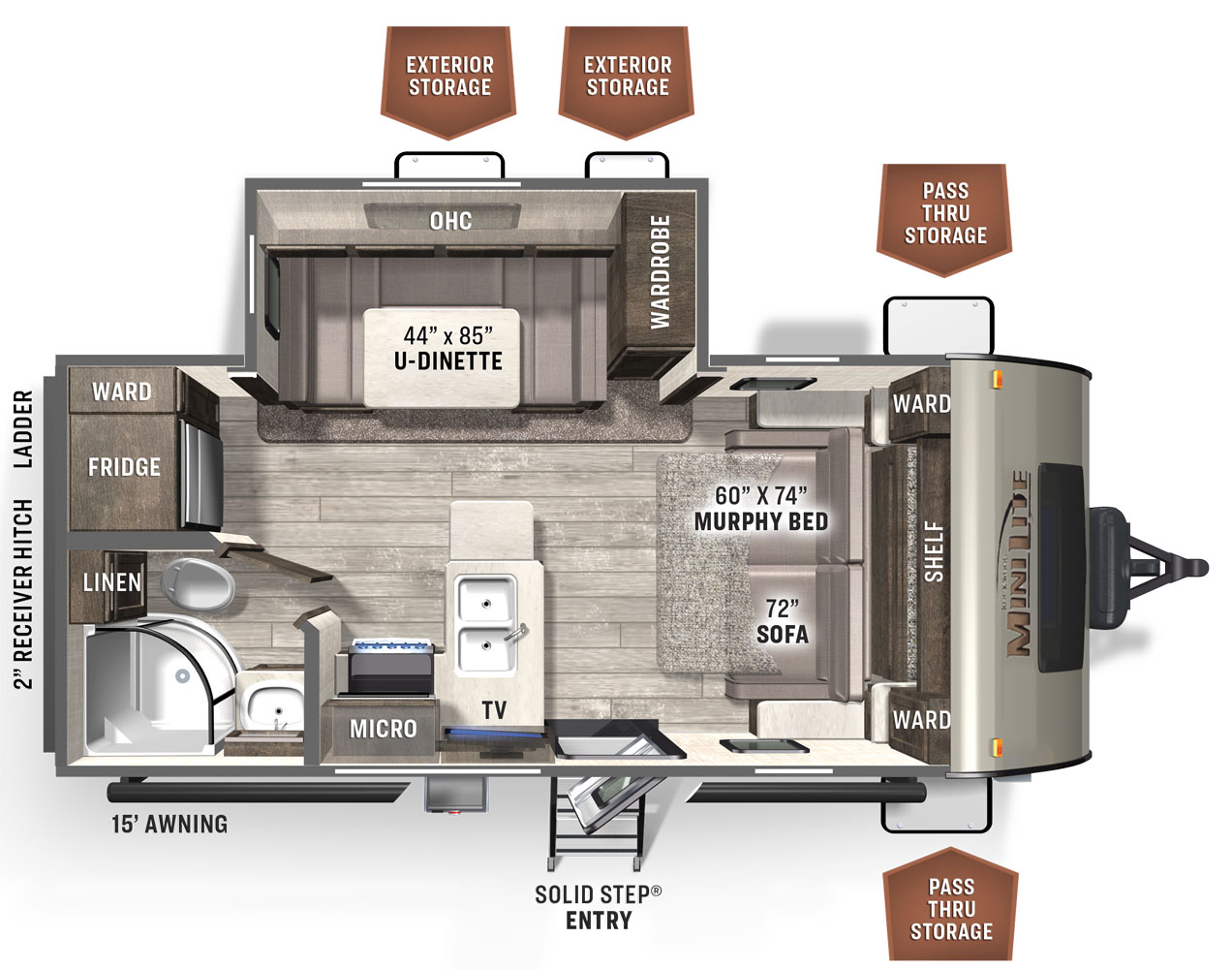 The 2014S has one slide out on the off-door side, along with one entry door. Exterior features include a 15 foot awning, pass thru storage, and exterior storage. Interior layout from front to back: front bedroom with 60 x 74 inch murphy bed, 72 inch sofa, and overhead cabinets; off-door side slide out containing a u-dinette, overhead cabinets, and a wardrobe; kitchen living area with countertops, double sink, a stove, and a microwave; community refrigerator, ward, and bathroom in the rear.