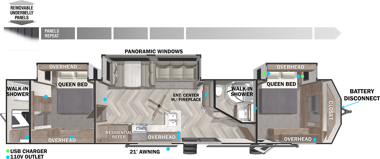 The 4002Q is a dual entry, dual bedroom, and dual bathroom destination travel trailer with a 21 foot electric power awning. The back entry is located in the rear of the floorplan and provides access to the second bedroom through the back bathroom. The back bathroom includes a shower, toilet, linen storage, and sink. Next, the second bedroom that has a queen bed, storage, and TV prep. Next is the kitchen that features a residential referigerator, stainless steel kitchen appliances, and cabinet storage. Across from the kitchen is the dinette and sofa that are in the units slide-out. If you access the unit from the middle glass patio slide doors you will see the entertainment center that has an electric fireplace, soundbar, and TV prep. To the right is a hall way that leads to the bathroom that has a toilet, radius shower, linen storage, and sink. Past the bathroom, is the master bedroom that features a queen bed, overhead storage, modern styled closet, and dresser.
