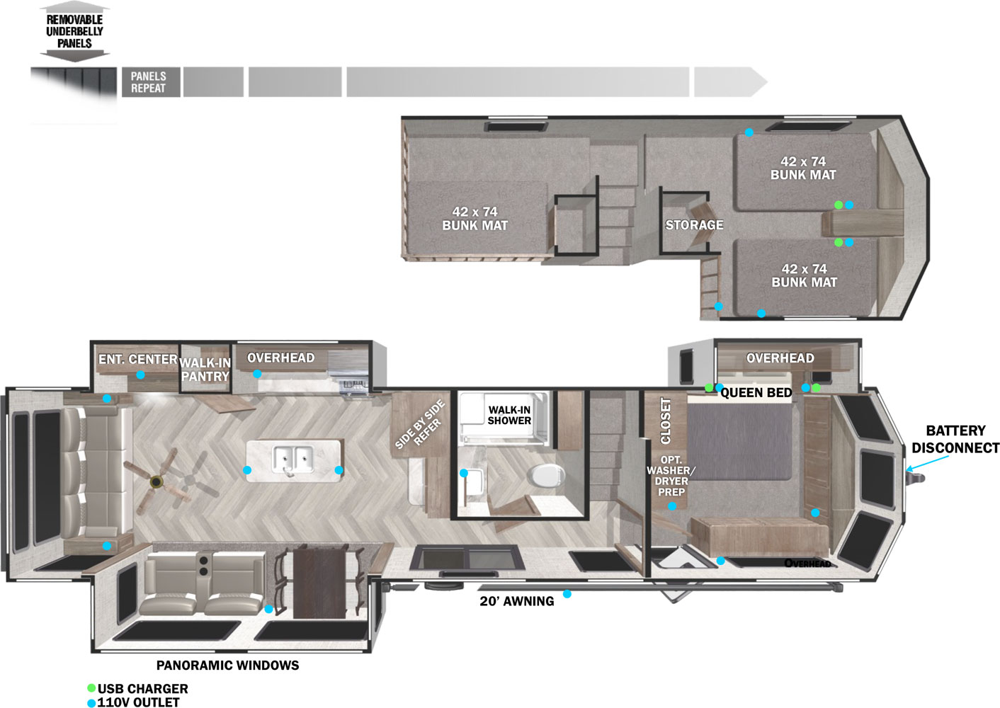 Wildwood Lodge 42DL floorplan. The 42DL has 3 slide outs and two plus entry doors.