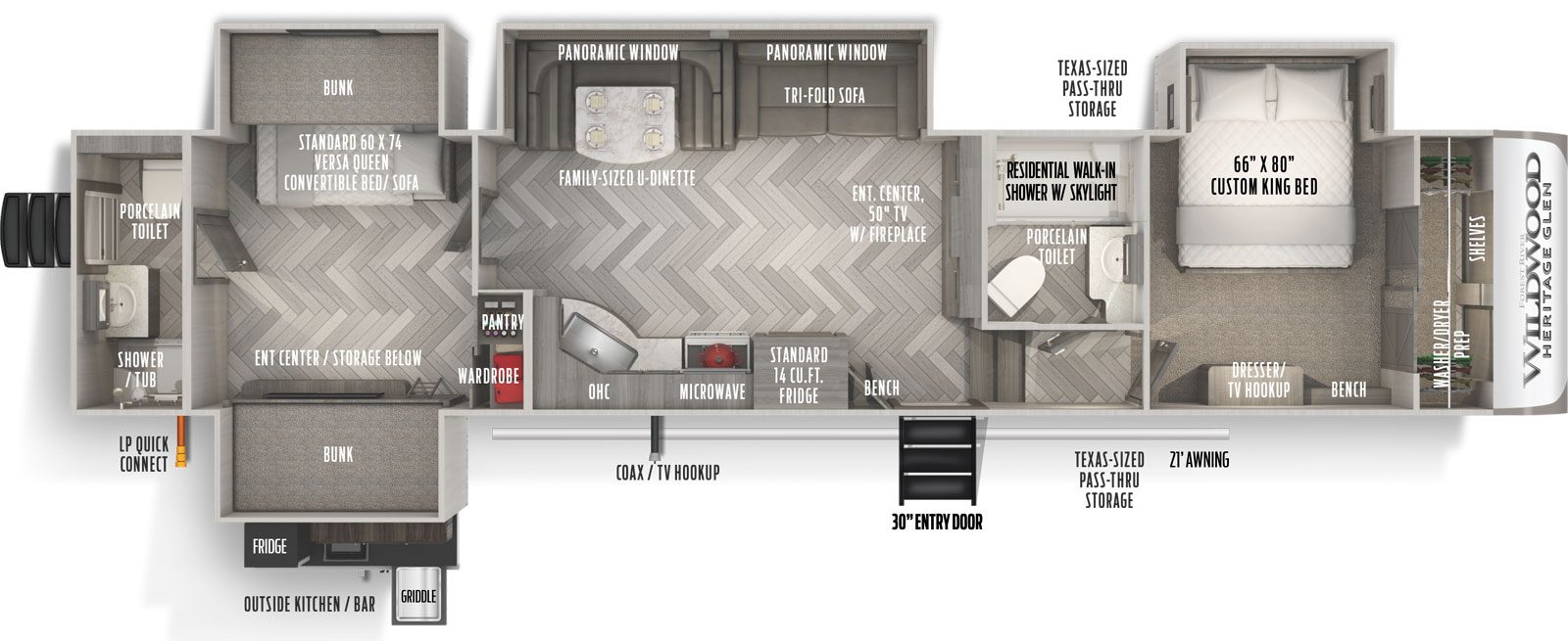 Heritage Glen 356QB floorplan. The 356QB has 4 slide outs and one entry door.