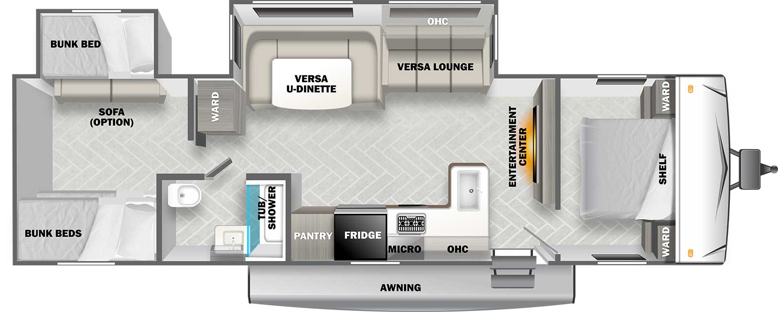 Wildwood West T32BHDS floorplan. The T32BHDS has 2 slide outs and two plus entry doors.