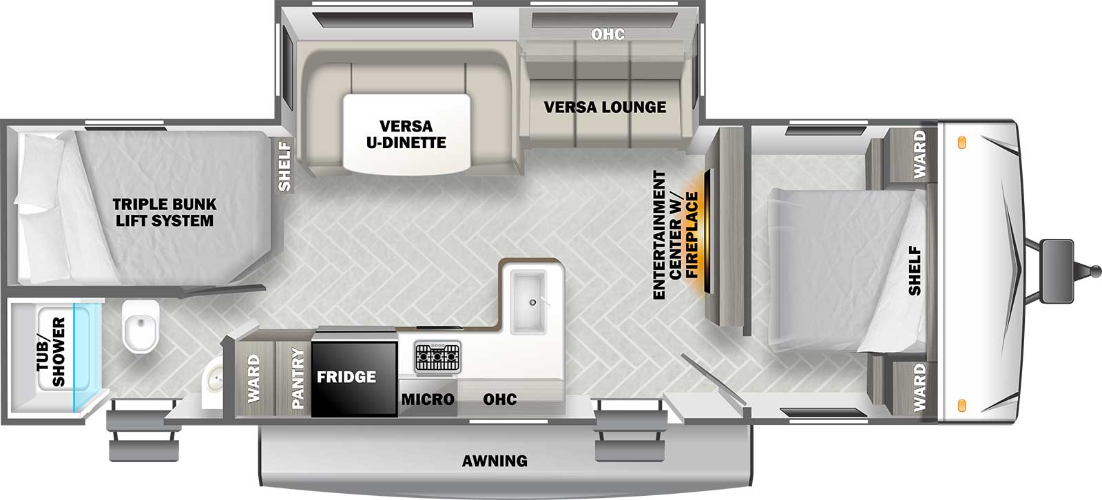 Wildwood West T27TDSS floorplan. The T27TDSS has one slide out and two plus entry doors.