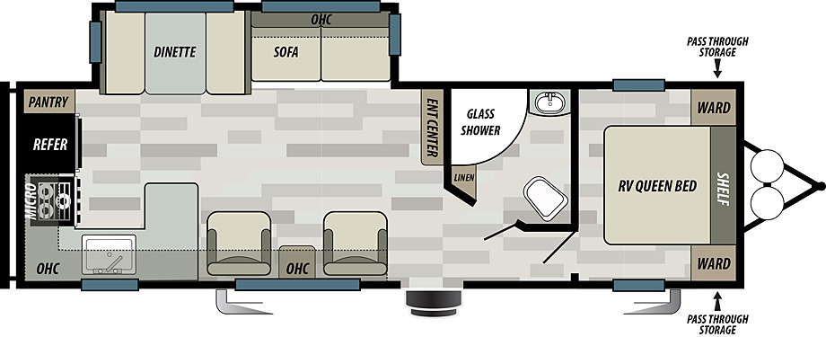 Wildwood West T27RKSS floorplan. The T27RKSS has one slide out and one entry door.