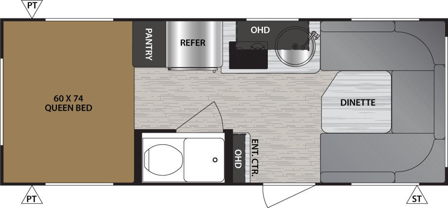 The 16.5 DSO has no slide outs and one entry door. The exterior has rear pass through storage. The interior, from front to back, is an open concept with: a front U-dinette; kitchen counter on the roadside with pantry, refrigerator, cook top stove, single basin sink and overhead cabinet; a wet bath across from the kitchen counter with toilet and shower; and a 60 by 74 side facing queen bed along the back wall.