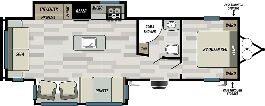 Wildwood West T27REI floorplan. The T27REI has 2 slide outs and one entry door.