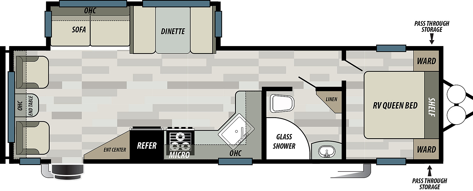 Wildwood West T28RLSS floorplan. The T28RLSS has one slide out and one entry door.