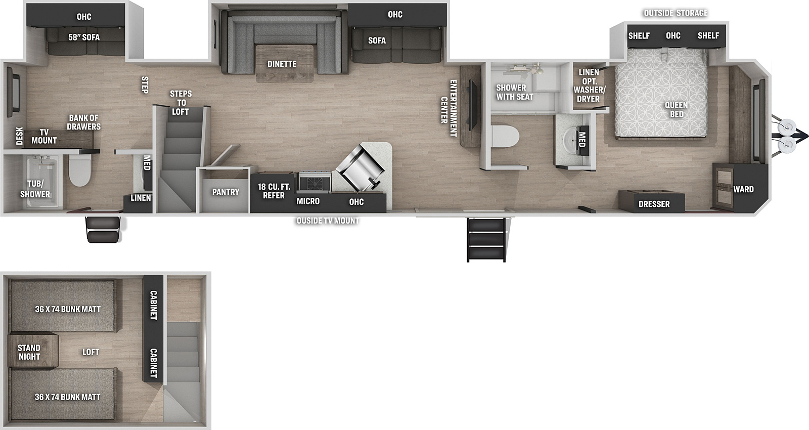 The 39CA has 3 slide outs all on the off-doorside and two entries on the door side. Interior features from front to back: front bedroom with queen bed slide out; side aisle bathroom; kitchen living dining area with off-door side slide out containing a U dinette and sofa; rear facing entertainment center; door side kitchen countertop with a pantry, refrigerator, overhead microwave, cook top stove, and an angled single basin sink; steps that take you to a loft over the rear of the trailer furnished with two bunk mats and a night stand; full bathroom in the door side rear corner with exterior access; backroom with desk, TV mount and off-door side slide out containing a sofa.