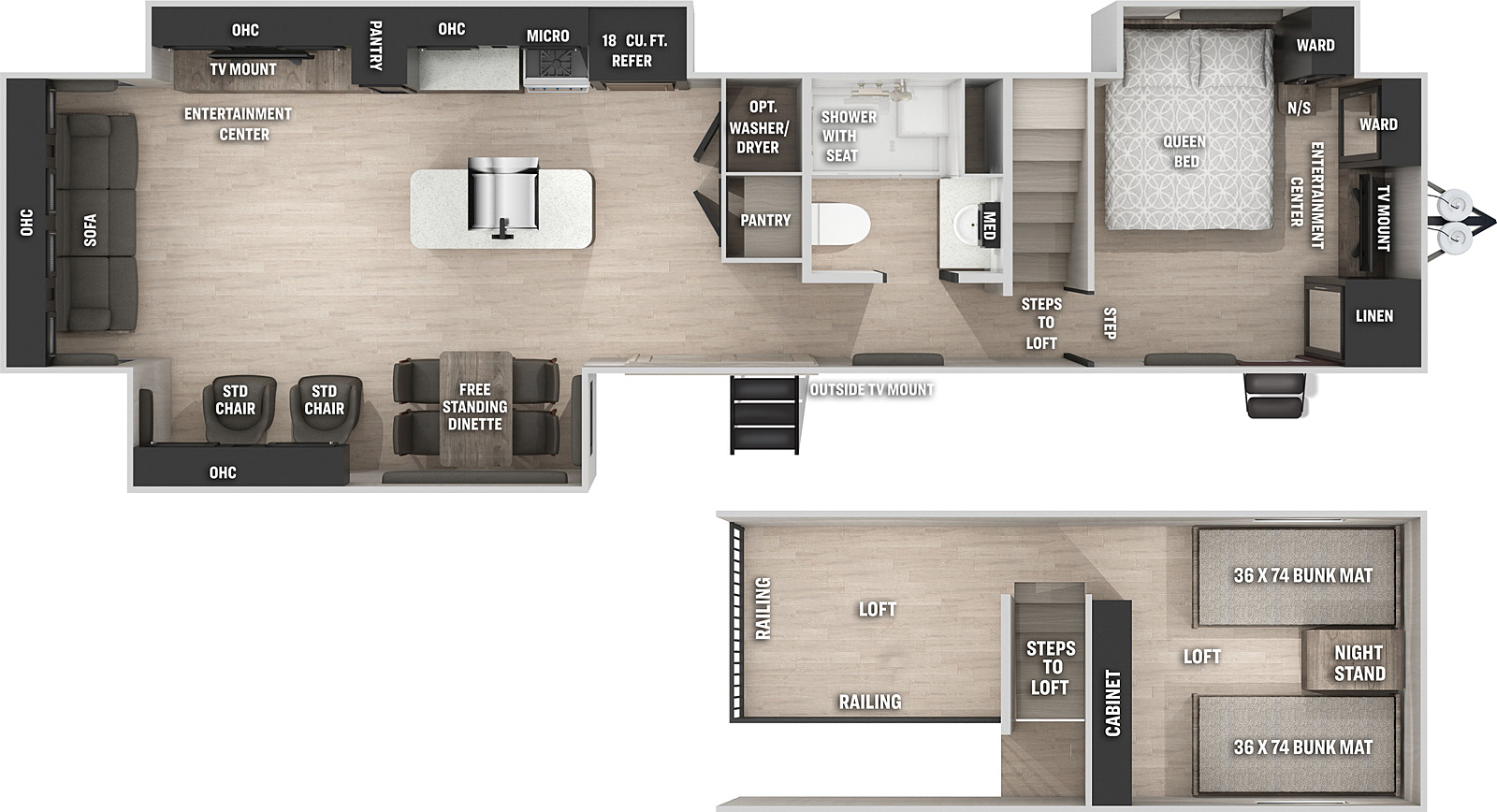 The 39 DL has three slide outs, two on the off-door side and one on the door side along with two entry doors on the door side. Interior features from front to back: front bedroom with queen bed slide out and front wall entertainment center with TV mount; steps up to a loft that is furnished with two bunk mats and a night stand and railing over looking lower level; side aisle bathroom; kitchen living dining area with off-door side slide out containing an entertainment center with TV mount, pantry, overhead microwave, cook top stove and refrigerator; kitchen island with single basin sink; rear facing pantry and closet for optional washer dryer; door side slide out containing 2 chairs and free standing dinette; sofa along back wall.