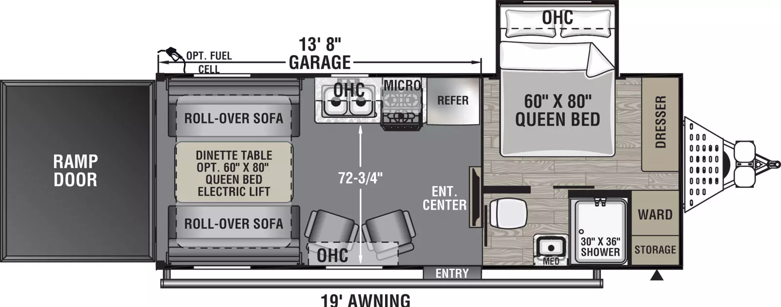 The 21LT has one slide out on the off door side and one entry door on the door side. Interior layout from front to back: front bedroom with a foot facing queen bed in an off-door side slide out, dresser, and wardrobe; bathroom on door side; kitchen living dining area; off-door side kitchen containing double basin sink, overhead cabinet, cook top stove, overhead microwave, and refrigerator; entertainment center; two euro recliner chairs with cabinets overhead on the door side; roll-over sofa on door side and off door side of the unit; dinette table; and rear ramp door.